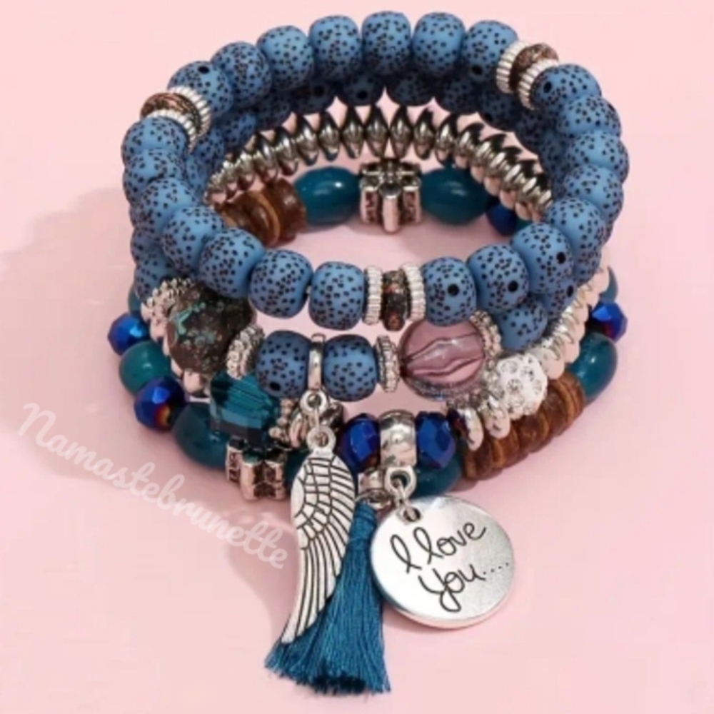 4pc Stackable Beaded Bracelet With Tassel, Wing & I Love You Charms